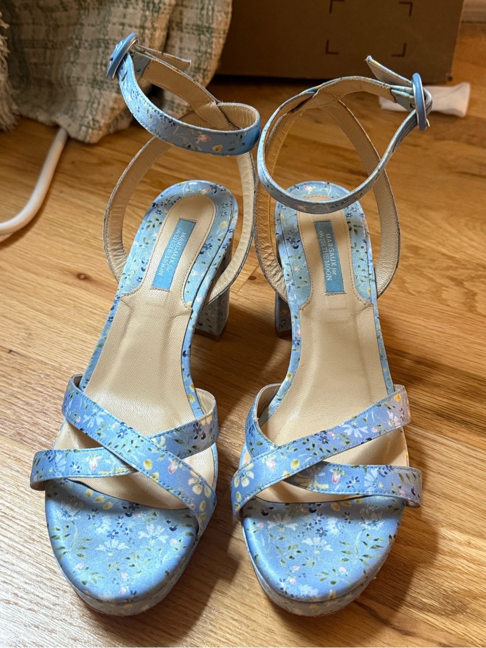 Margaux x Over the Moon 39.5 Blue Floral Ankle-Strap Heeled Sandals